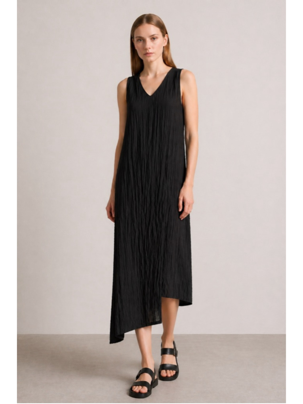 Lauren Vidal Black Crinkle Textured Asymmetrical Hem Midi Dress Sleeveless, S